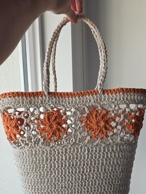 Handwoven Cream and Orange Crochet Tote Bag